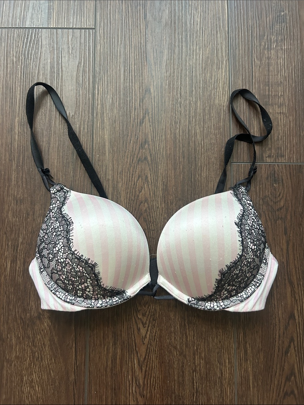 Victorias Secret Push-Up Stripe Lace Bra - Pink & Black